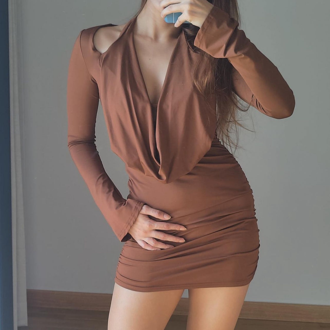 CHIC BUSINESS BROWN COWL DRESS