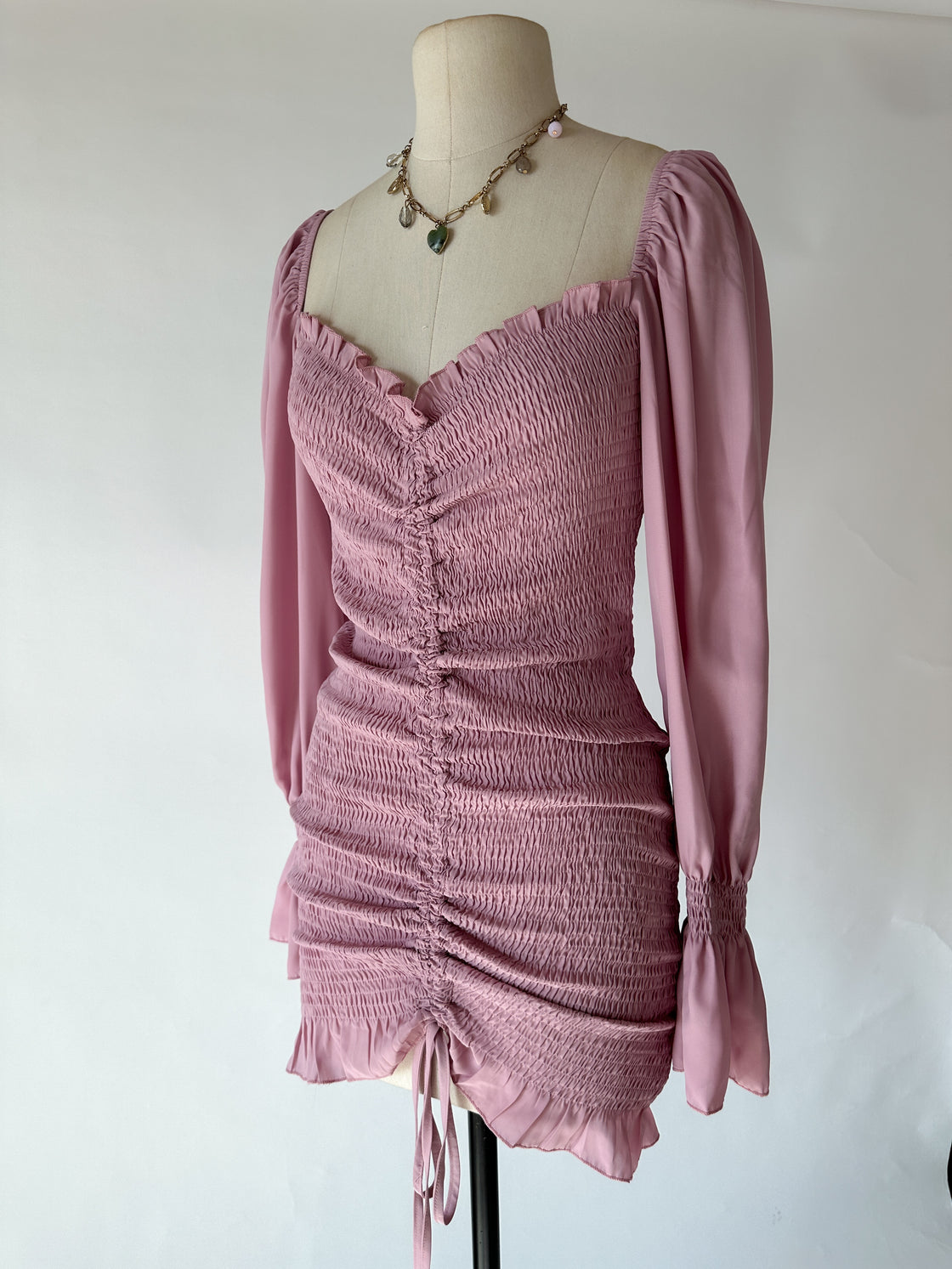 LIE AGAIN SMOCKED DUSTY ROSE DRESS