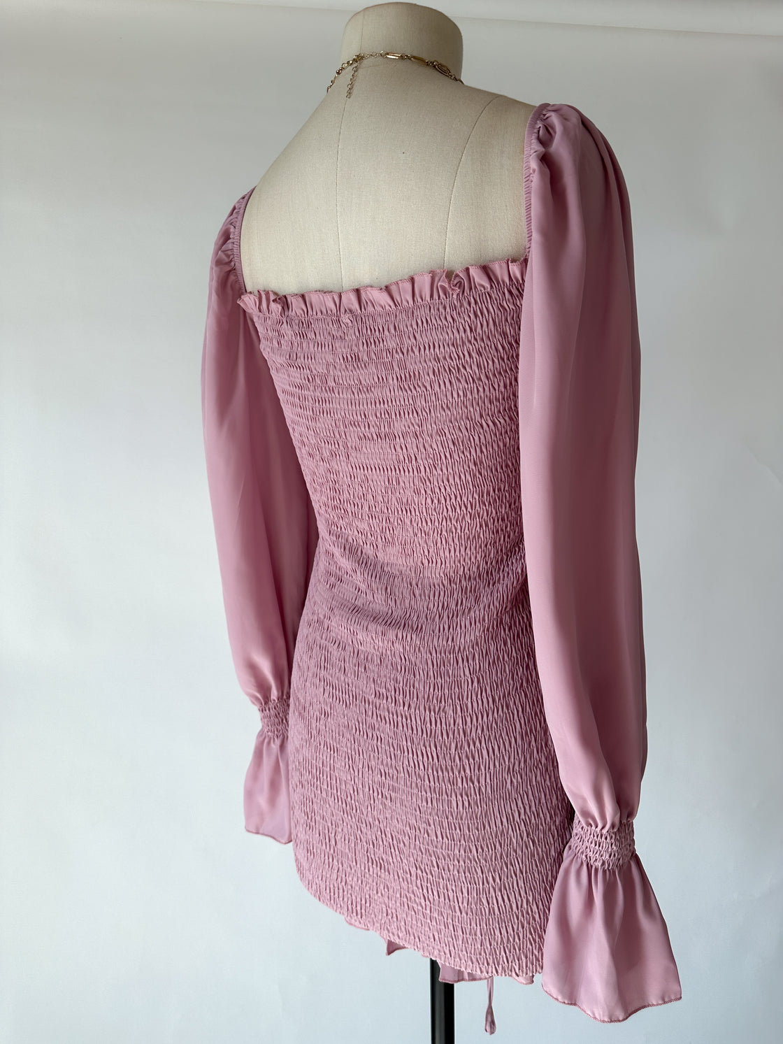 LIE AGAIN SMOCKED DUSTY ROSE DRESS