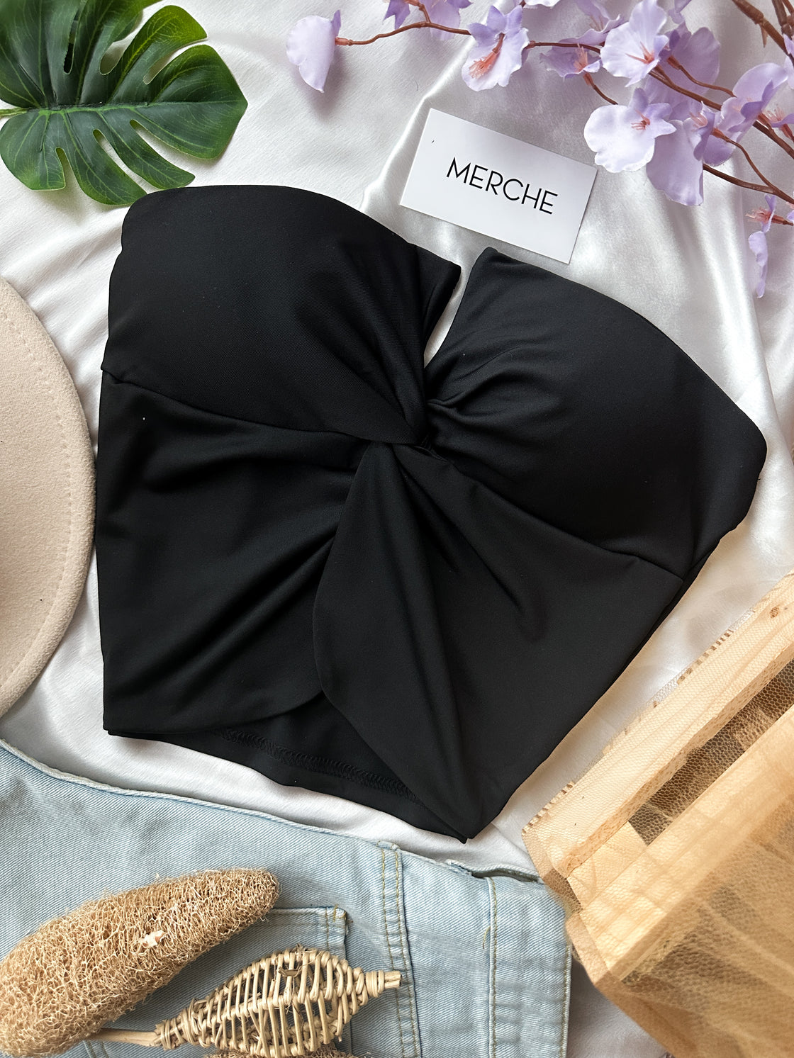 SLEEPLESS NIGHTS PADDED BLACK BANDEAU TOP