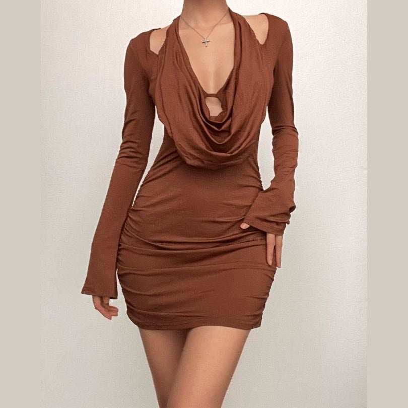 CHIC BUSINESS BROWN COWL DRESS