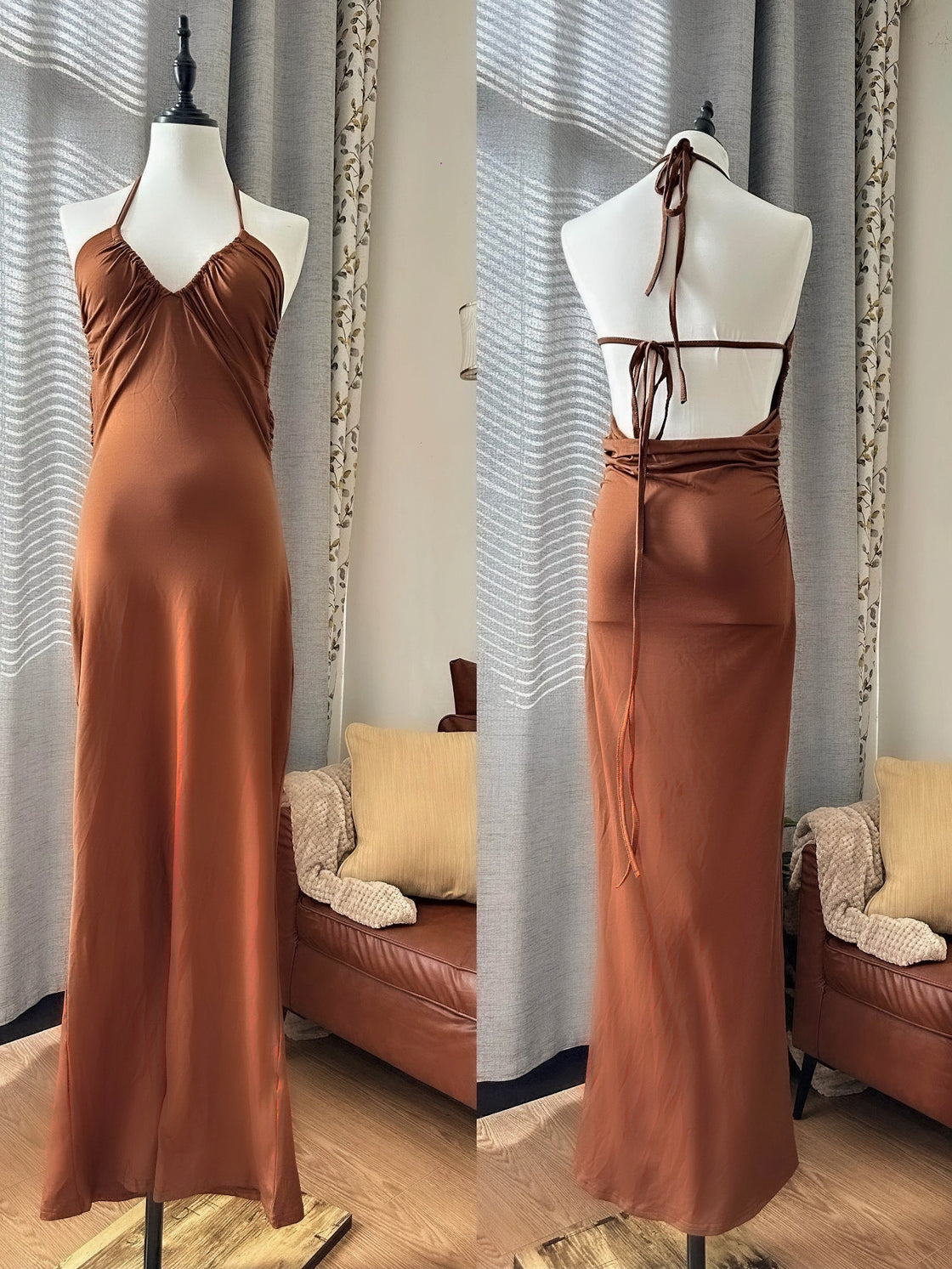 ALL EYES ON YOU BROWN TIE-BACK MAXI DRESS