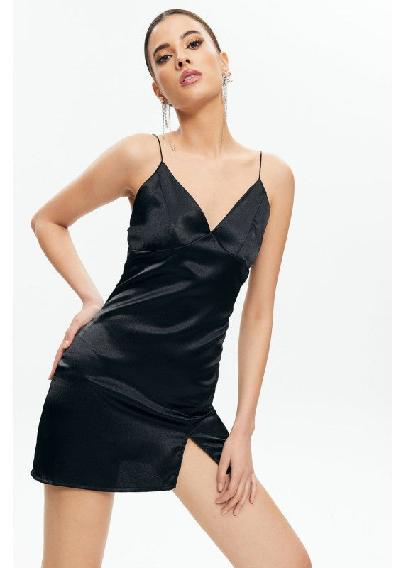 LOVE LINES BLACK SATIN DRESS