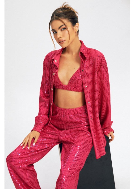 CAUGHT MY ATTENTION PINK SEQUIN BRALETTE AND SHIRT