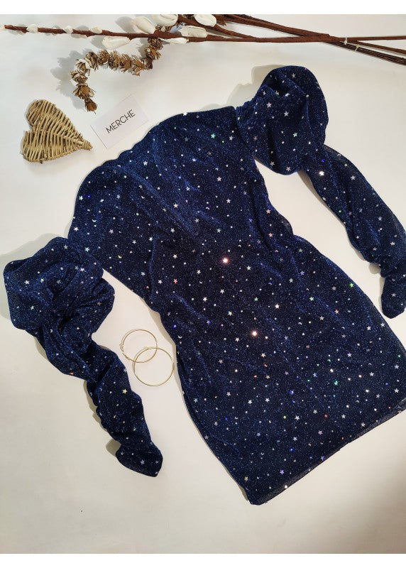 NIGHT SKY STAR EMBELLISHED OFF-SHOULDER DRESS