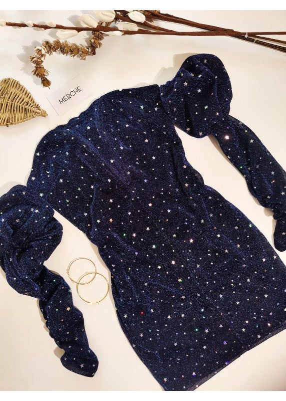 NIGHT SKY STAR EMBELLISHED OFF-SHOULDER DRESS