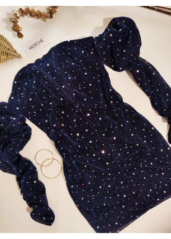 NIGHT SKY STAR EMBELLISHED OFF-SHOULDER DRESS