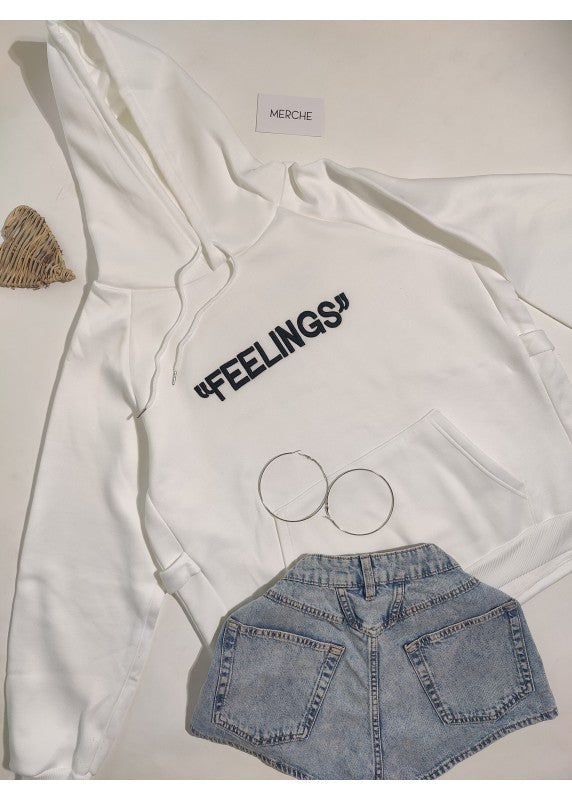 FEELINGS EMBROIDERED WHITE OVERSIZED HOODIE