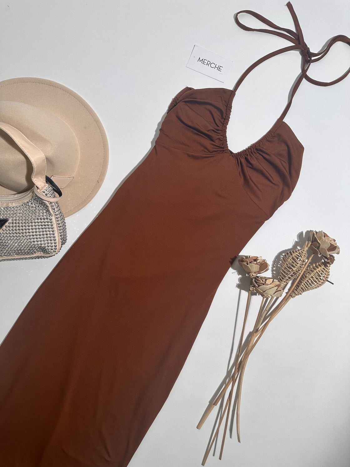ALL EYES ON YOU BROWN TIE-BACK MAXI DRESS