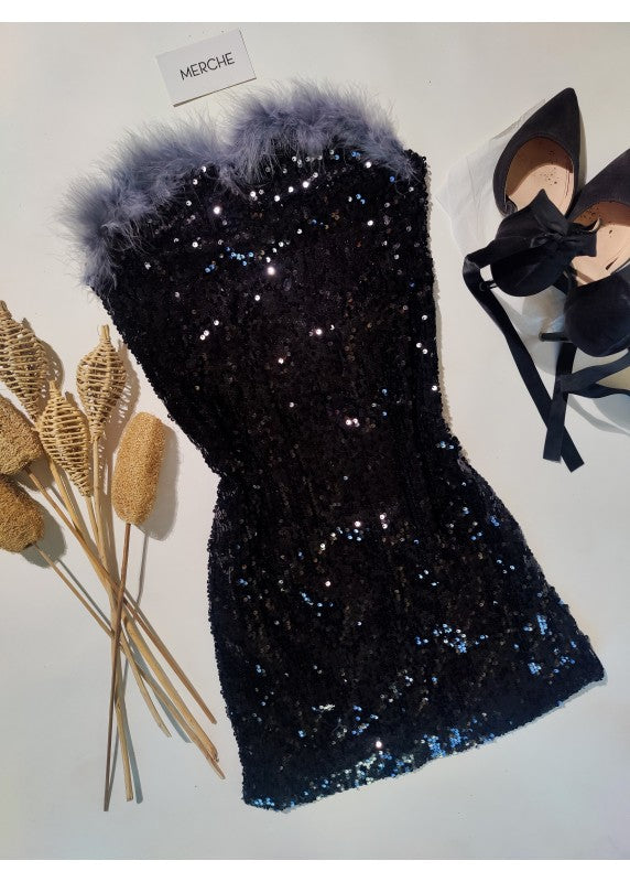 MANY DATES SEQUIN FAUX FUR BANDEAU DRESS