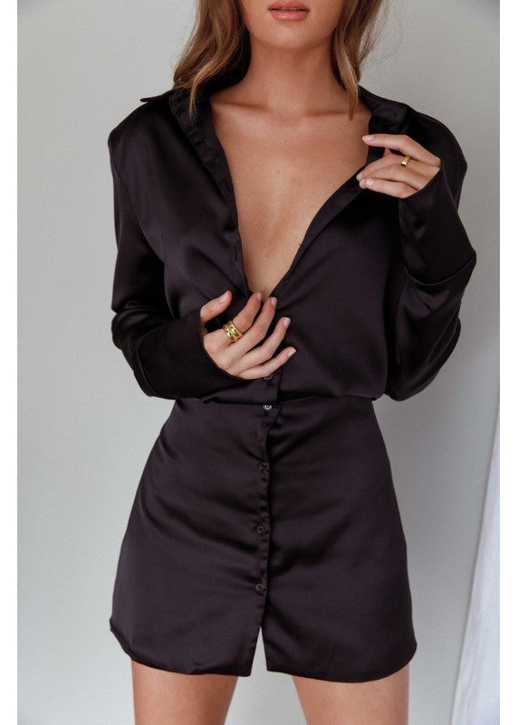 FIERCELY YOURS BLACK SATIN SHIRT DRESS