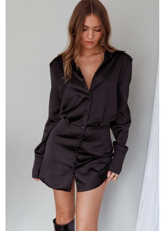 FIERCELY YOURS BLACK SATIN SHIRT DRESS