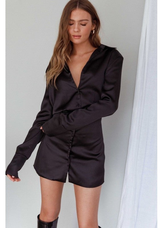 FIERCELY YOURS BLACK SATIN SHIRT DRESS