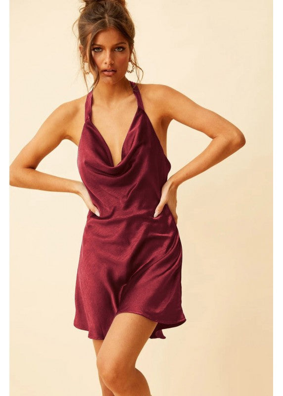 DREAM QUEEN MAROON HALTERNECK DRESS