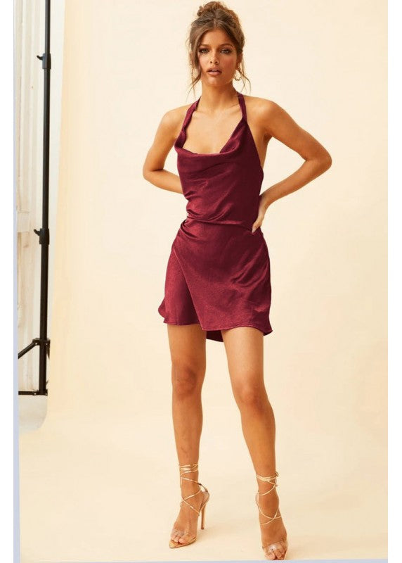 DREAM QUEEN MAROON HALTERNECK DRESS